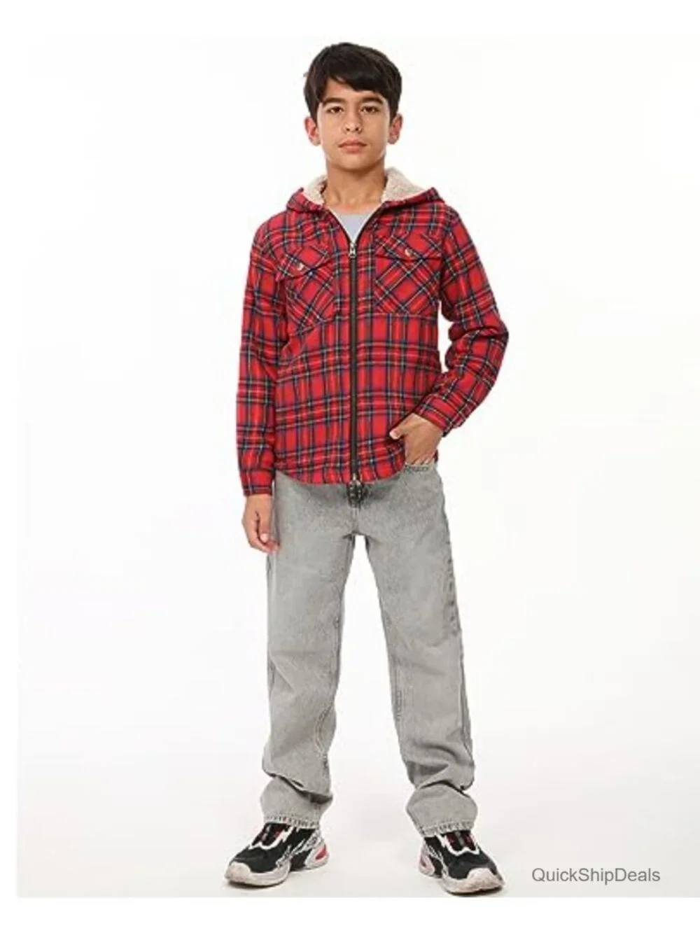 Boys Sherpa Lined Flannel Jacket Hooded Zip Up Plaid Coat